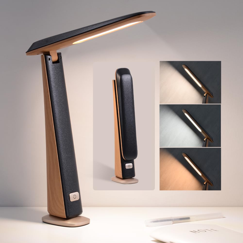 Foldable Portable Desk Lamp,Battery Operated Rechargeable Lamps Cordless,Eye-Caring LED Table Lamp with 3 Color Temperatures,Stepless Brightness,Desk Lamps for Office Home College Essentials