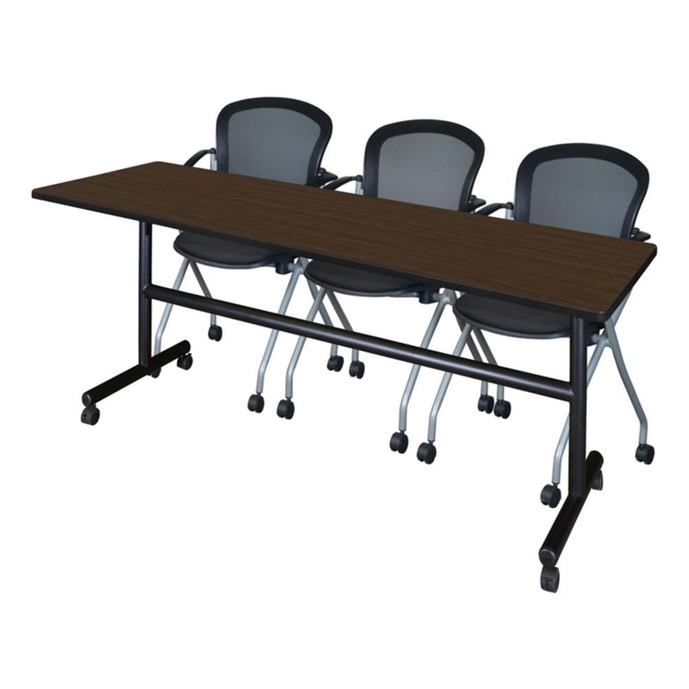 84 x 24 Flip-Top Training Table with Nesting Chairs, Neo Walnut Laminate Top, Black Edge Banding, 1" Thick Melamine, Breathable Mesh Chair Backs, Space-Saving Design for Meetings