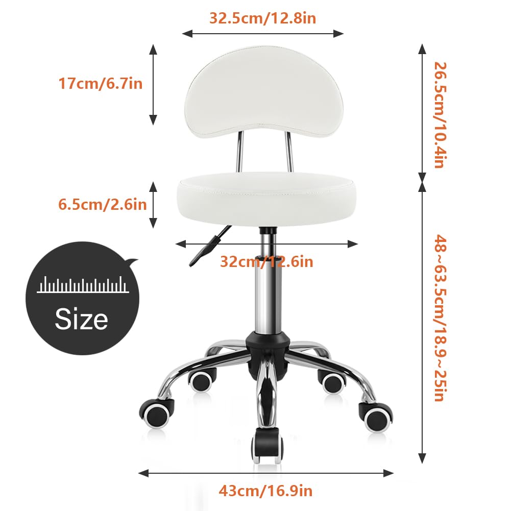 Rolling Stool with Mid Back Height Adjustable Chair PU Leather Swivel Chair with Wheels for Office Home Task Drafting (White)