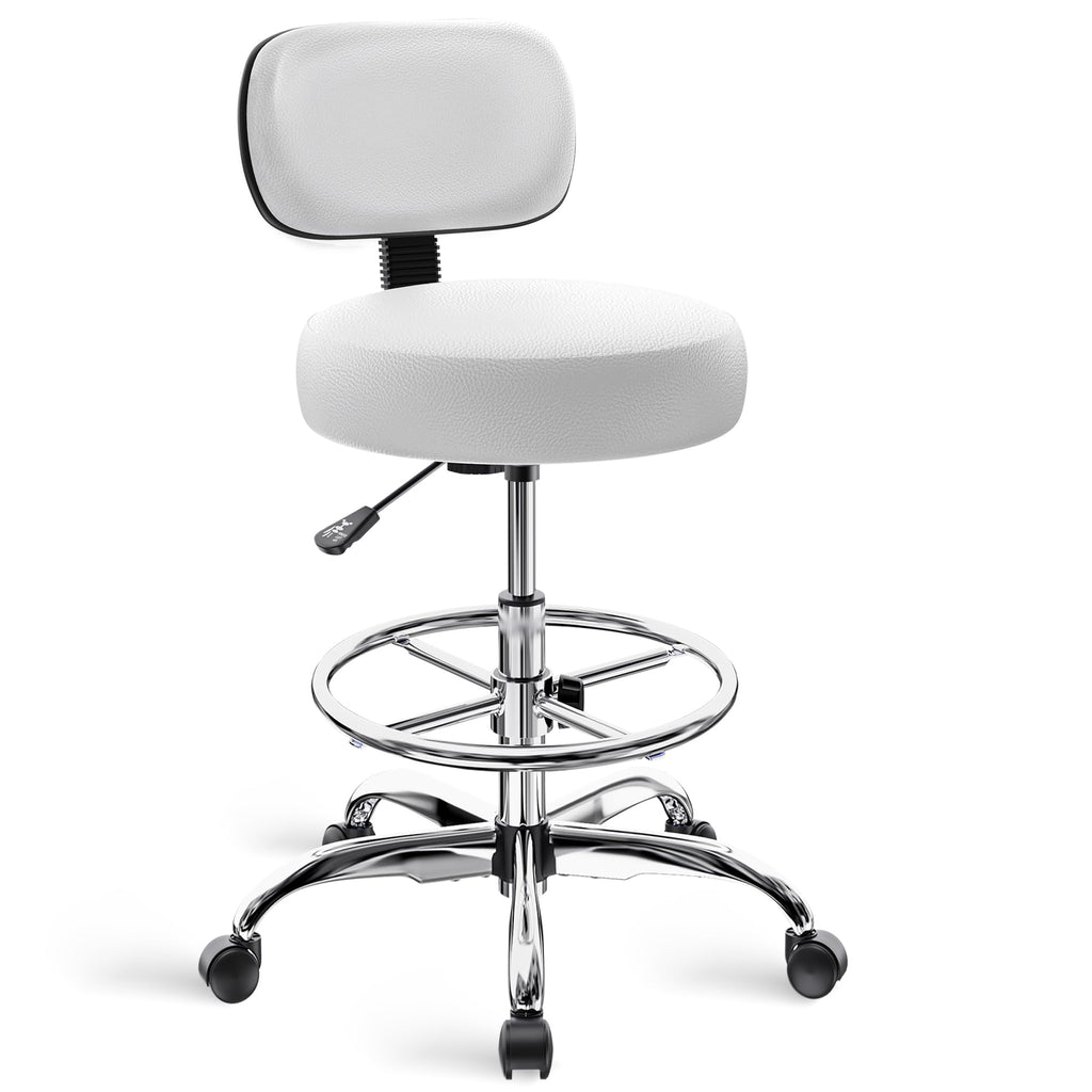 Drafting Chair with Back, Adjustable Foot Rest Rolling Stool, Multi-Purpose Office Desk Chair, Thick Seat Cushion for Home Bar Kitchen Shop - White