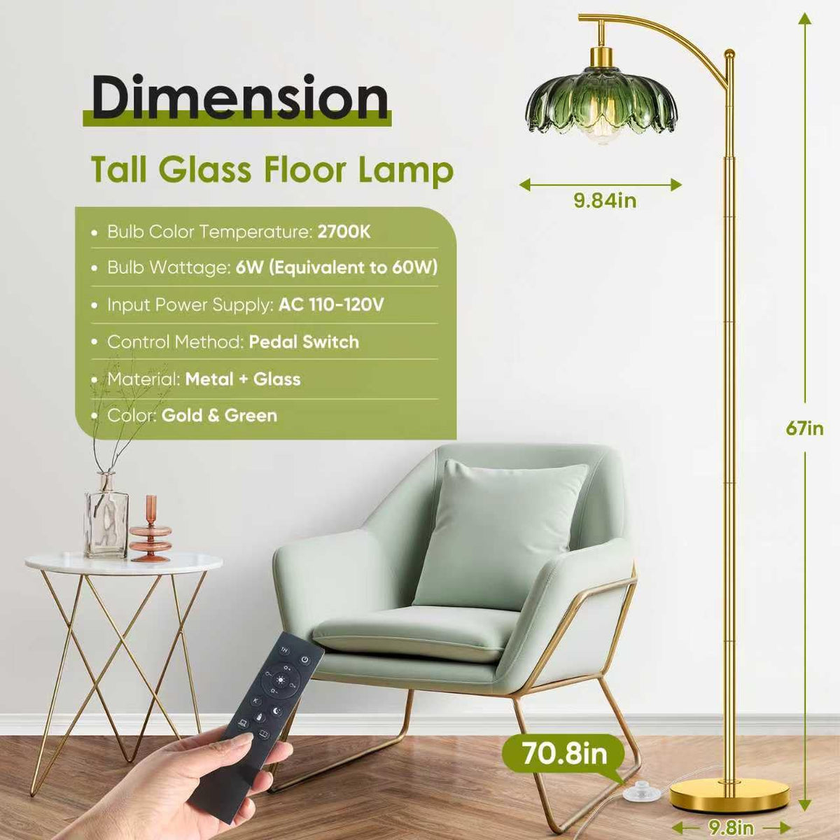 Gold Floor Lamp for Living Room with Remote Control,Unique Vintage Standing Tall Lamp,Mid Century Modern Floor Lamps Arc Green Glass Floor Lamps for Office Corner