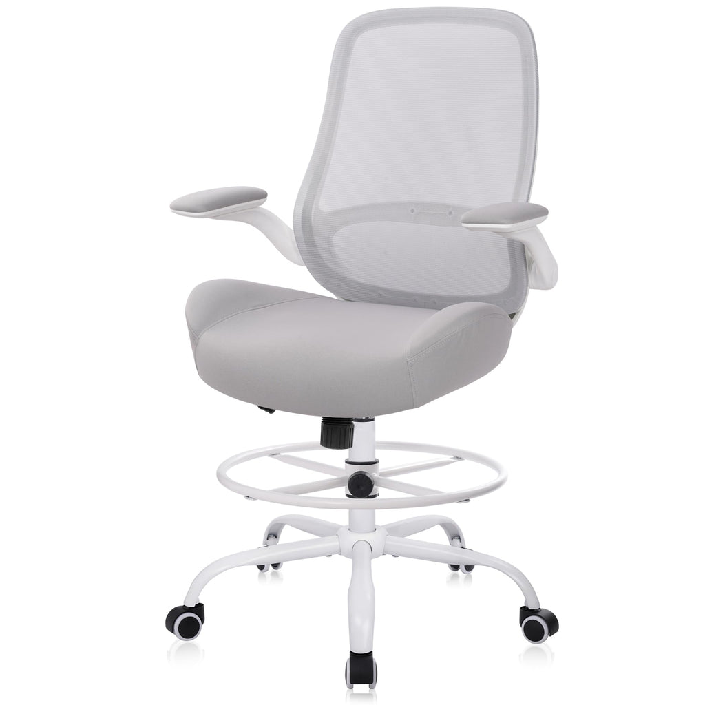 Drafting Chair Tall Office Chair with Flip-Up Armrests Ergonomic Computer Chair with Lumbar Support Adjustable Footrest Ring Mesh Standing Desk Chair (Grey)