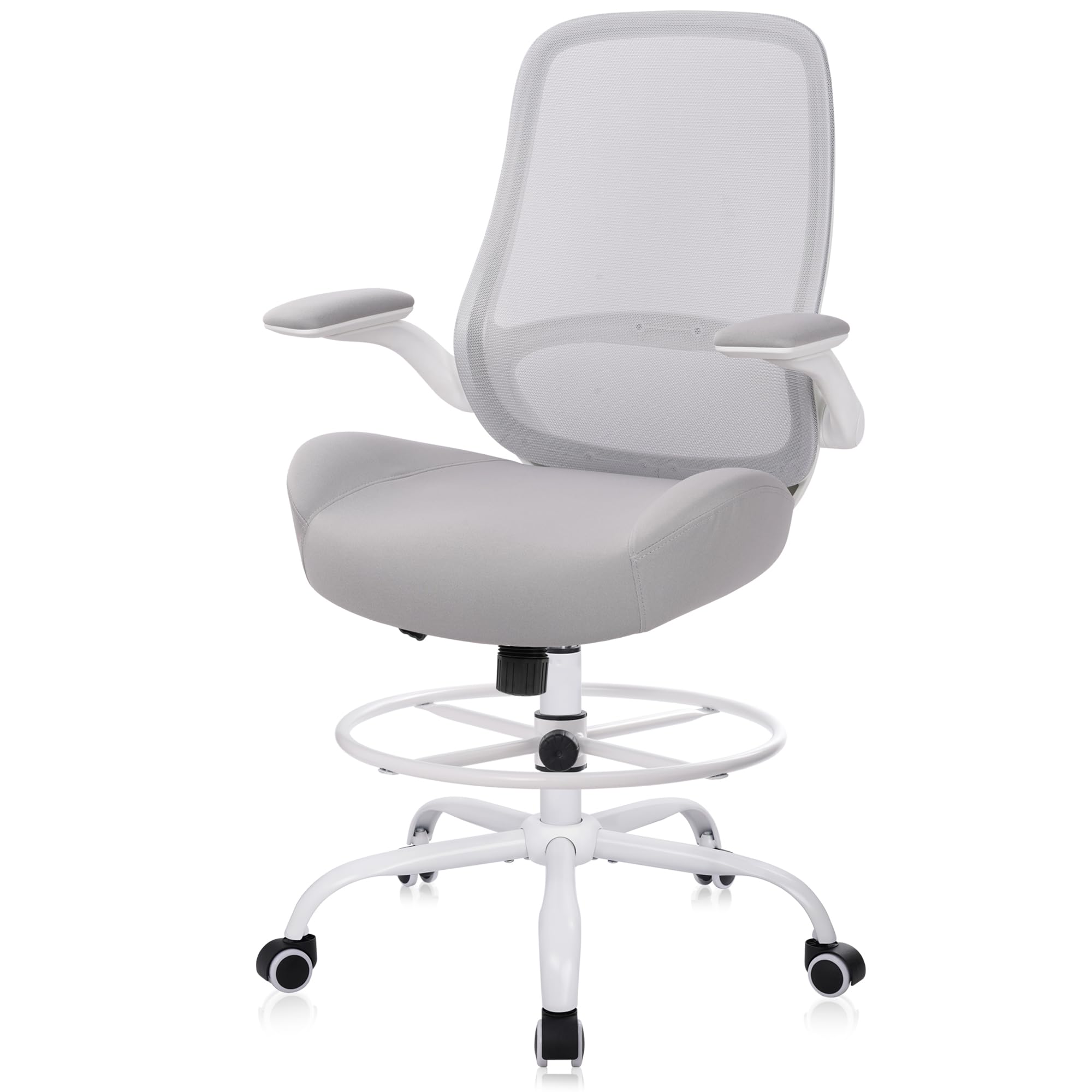 Drafting Chair Tall Office Chair with Flip-Up Armrests Ergonomic Computer Chair with Lumbar Support Adjustable Footrest Ring Mesh Standing Desk Chair (Grey)