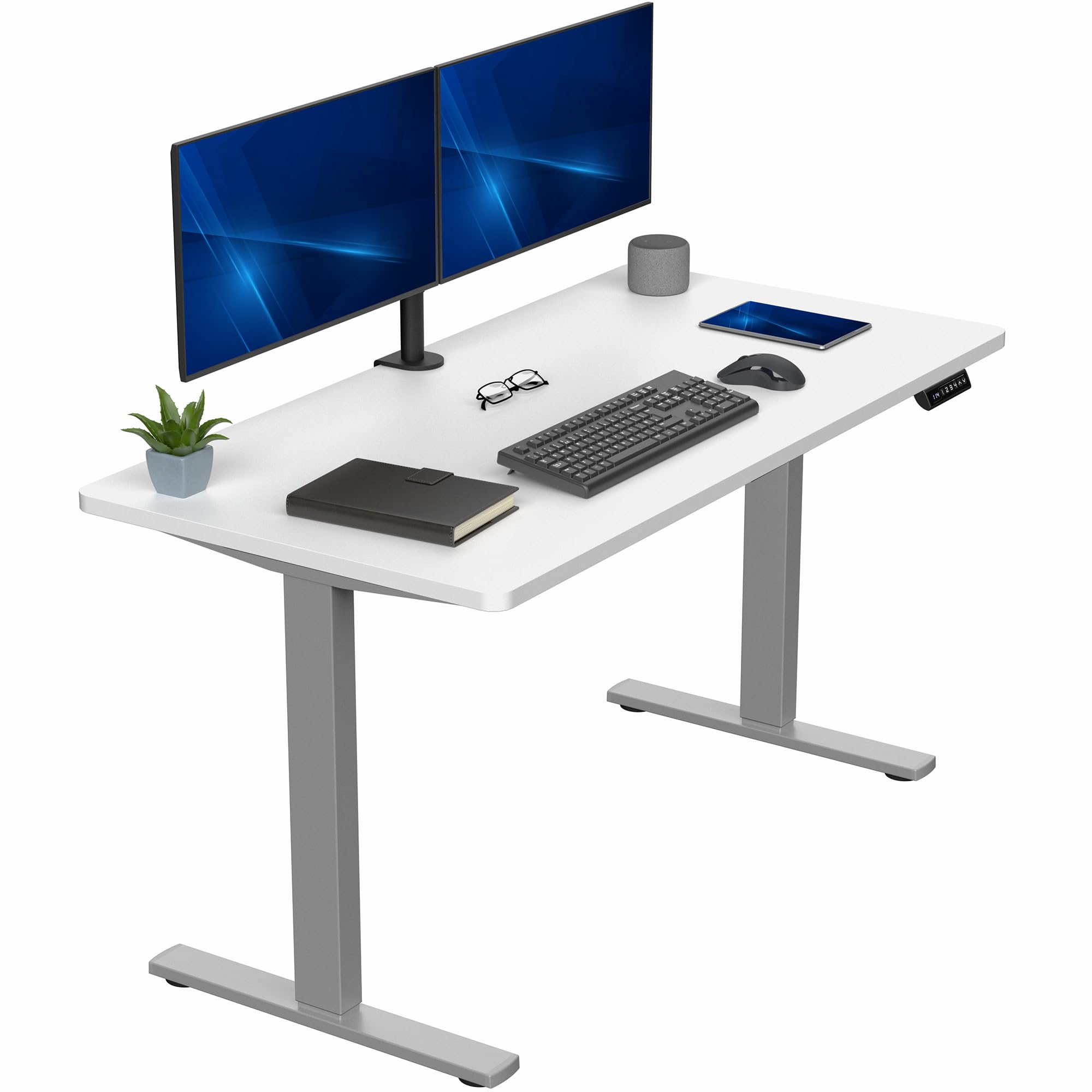 Electric 55 x 28 in Standing Desk, Memory Height Adjustment, 1B Series, Holds 220 lbs, One-Piece White Top, Gray Frame