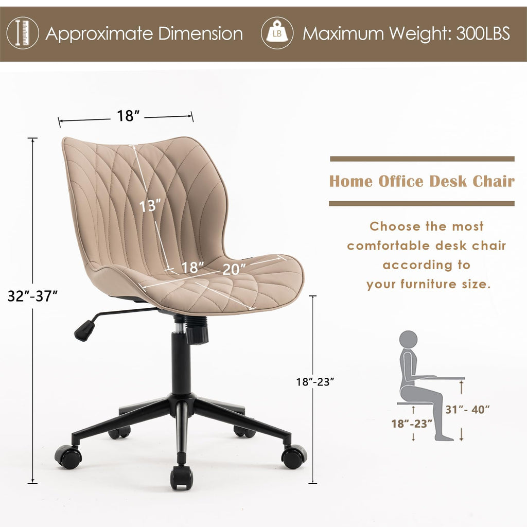 Armless Desk Chair Comfy Office Chair with Wheels Home Ergonomic Task Chair Adjustable Computer Chairs Modern Faux Leather Swivel Chair Upholstered Makeup Vanity Chair with Back(Khaki)