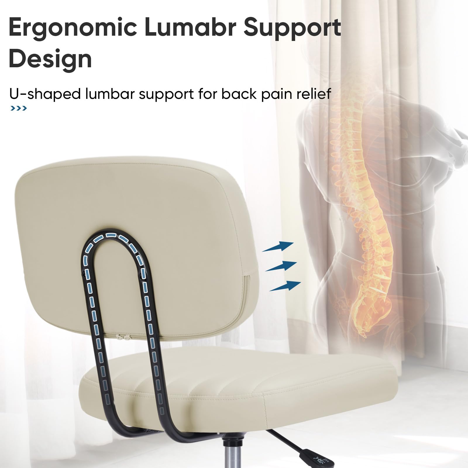 Armless Office Chair: Small Desk Chair with Low Back Lumbar Support, Height Adjustable PU Leather Computer Task with 360° Swivel Wheels, for Adults, Beige