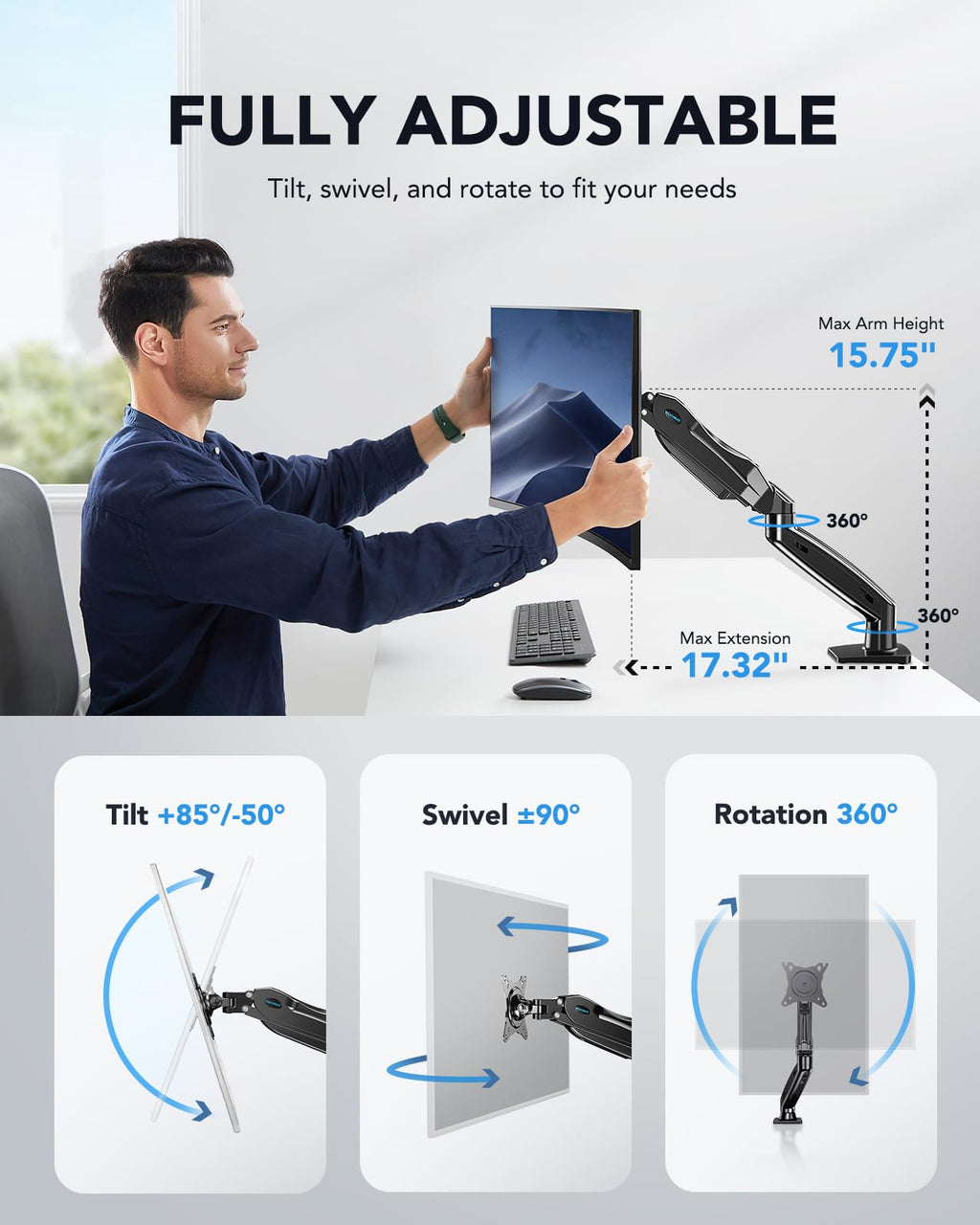 FlowLift™ Single Monitor Mount, 13 to 32 Inch Monitor Arm, Adjustable Monitor Stand, Vesa Mount with Clamp and Grommet Base - Fits 4.4 to 19.8lbs LCD Computer Monitors