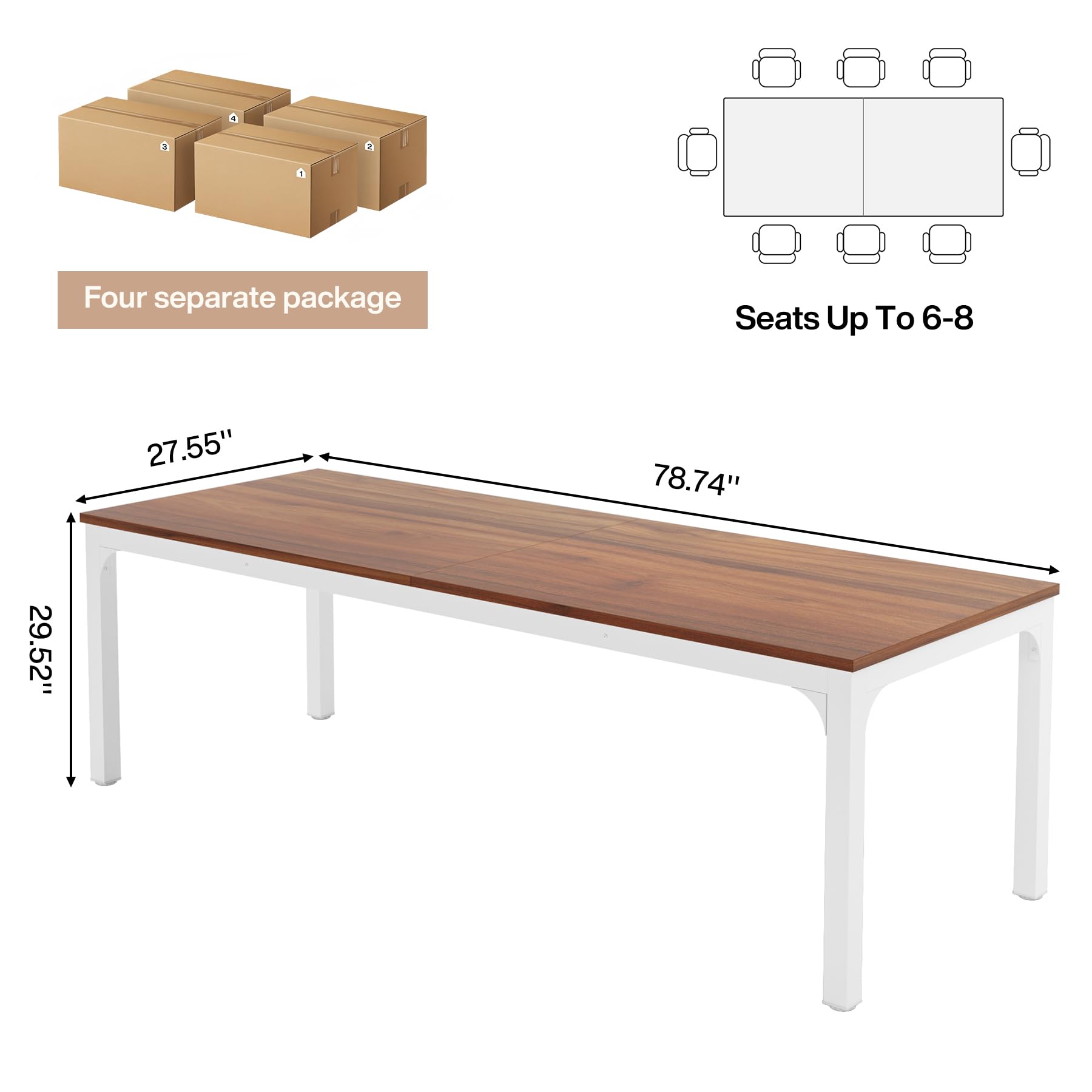 6.5 FT Conference Room Table, 78.74" W x 27.56" D Large Office Conference Table, Modern Seminar Meeting Table Desk for Boardroom, Meeting Room (4, Brown and White)