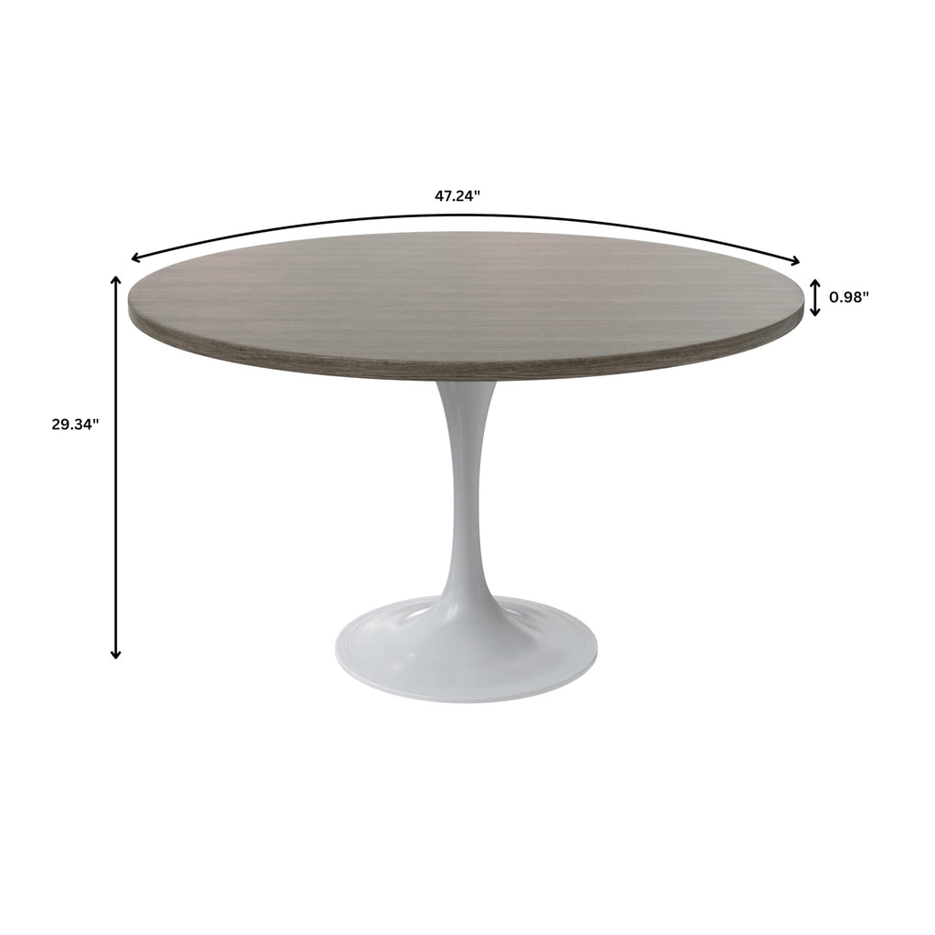 Verve Mid-Century Modern 48 Inch Round Dining Table, MDF Wood Tabletop with White Steel Pedestal Base, Large Pedestal Kitchen & Dining Room Table, Breakfast Nook Table (Dark Maple)