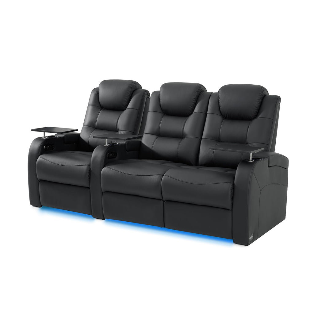 Leather Home Theater Seating Seats, Simple Style Top Grain Leather Movie Theater Chairs Recliner Sofa with Tray Table Type-C USB Charger (Black, Row of 3 Loveseat Right)