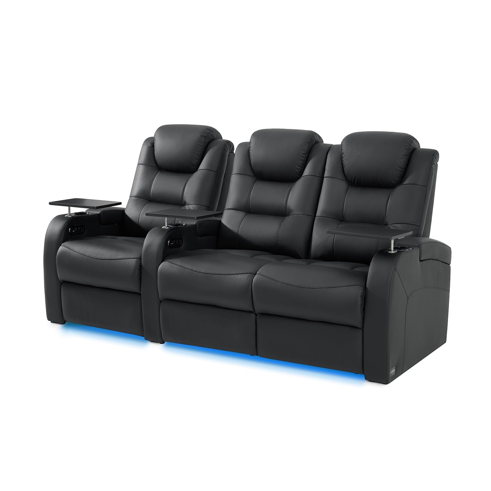 Leather Home Theater Seating Seats, Simple Style Top Grain Leather Movie Theater Chairs Recliner Sofa with Tray Table Type-C USB Charger (Black, Row of 3 Loveseat Right)