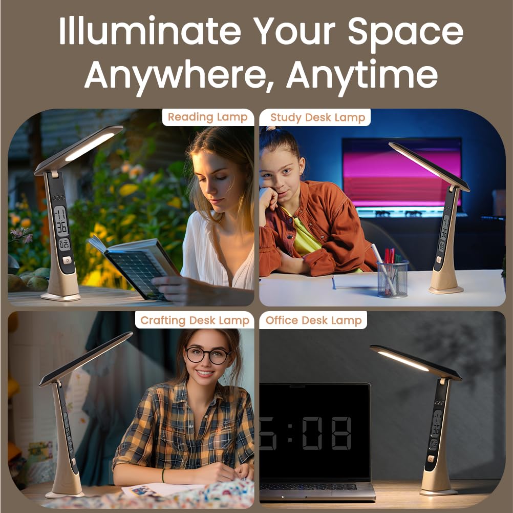 Rechargeable Lamps Cordless Table Lamp, Foldable Portable Desk Lamp, Battery Operated Lights with Stepless Brightness&Time Display for Home Office, Book Lights, Desk Accesories, Tea White