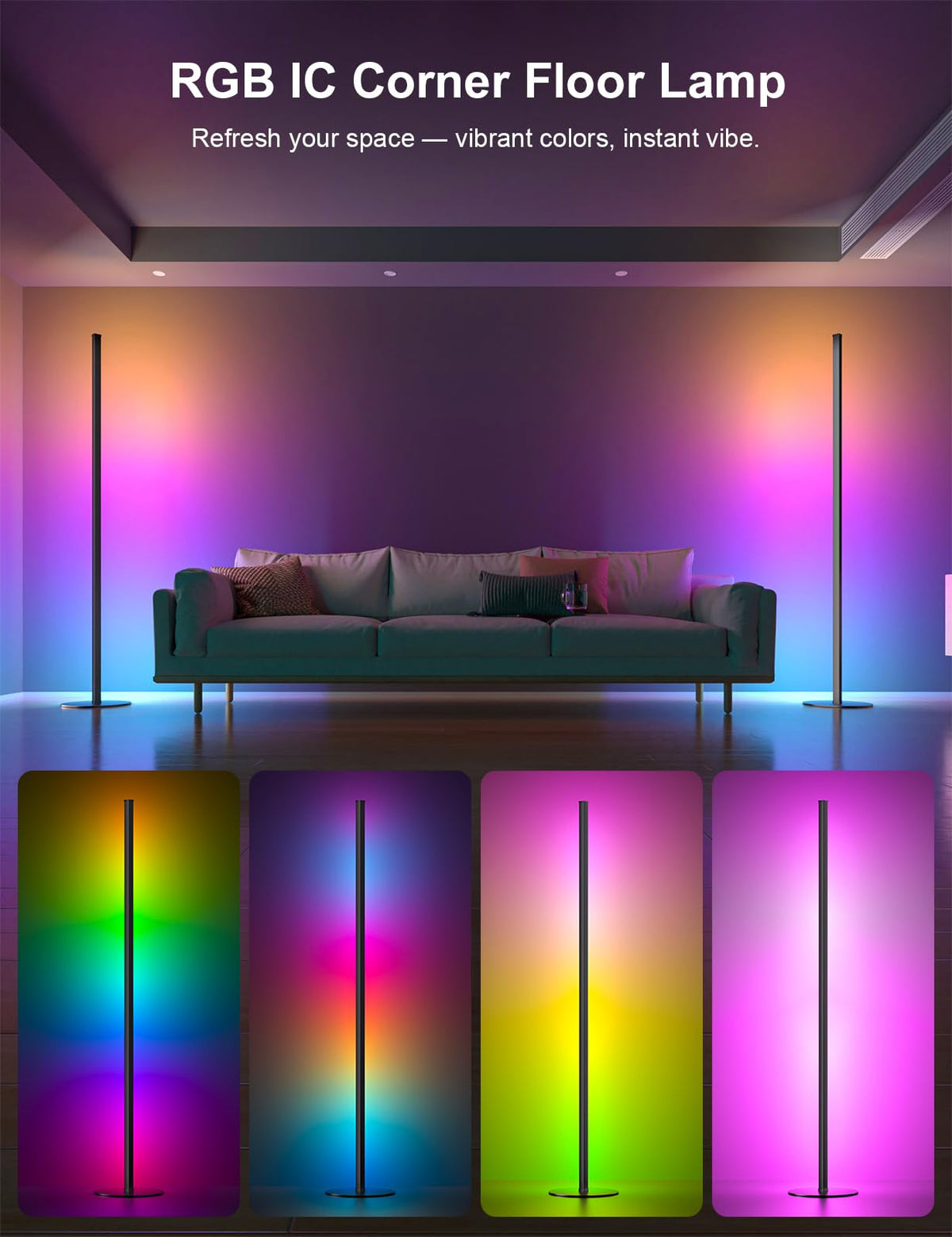 Corner Floor Lamp 2 Pack, RGB IC LED Corner Lamp 55" with APP Control, 16 Million Colors, Timing Function and Music Sync, Color Changing Ambient Lighting for Living Room Bedroom Gaming Room