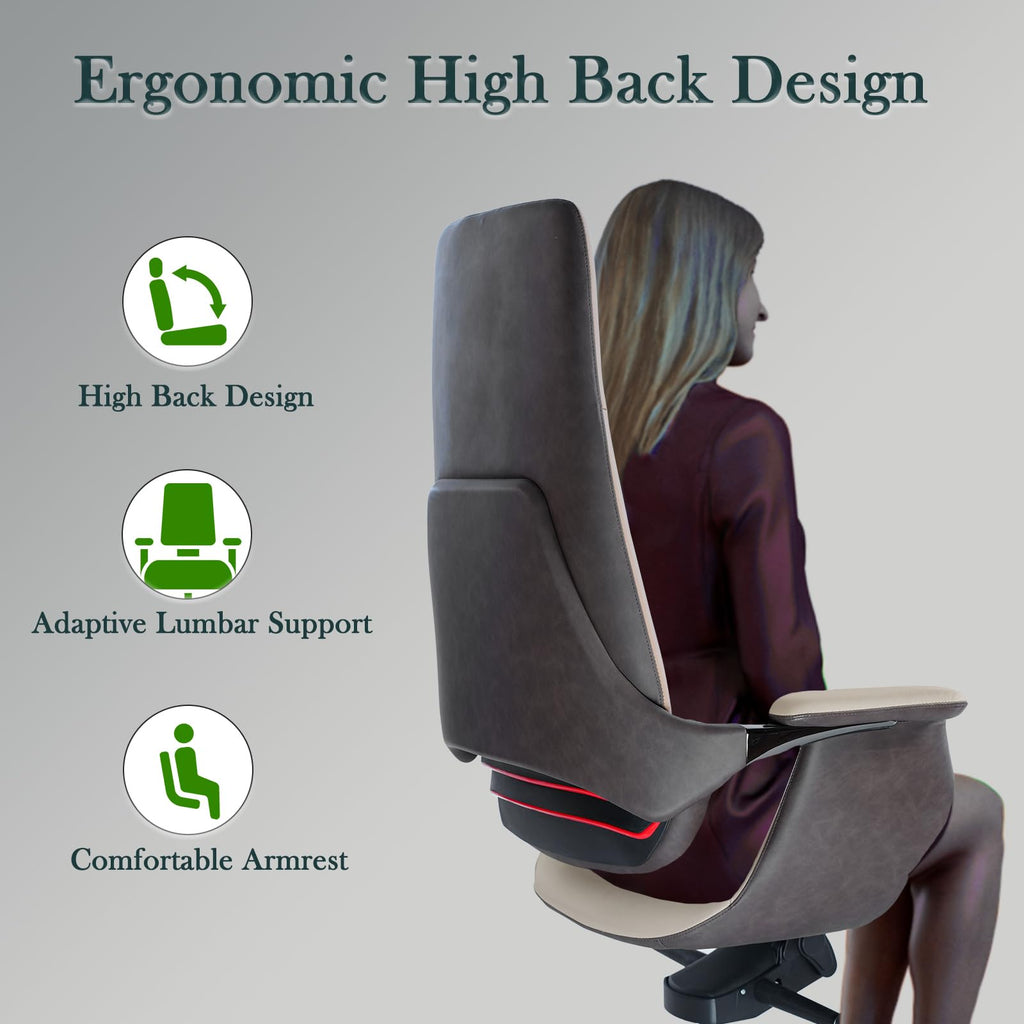 Genuine Leather Executive Chair, Top Grain Ergonomic High Back Office Chair with Lumbar Support, Height Adjustable 400lbs Weight Capacity Metal Base with 360° Flexible Wheels (White)