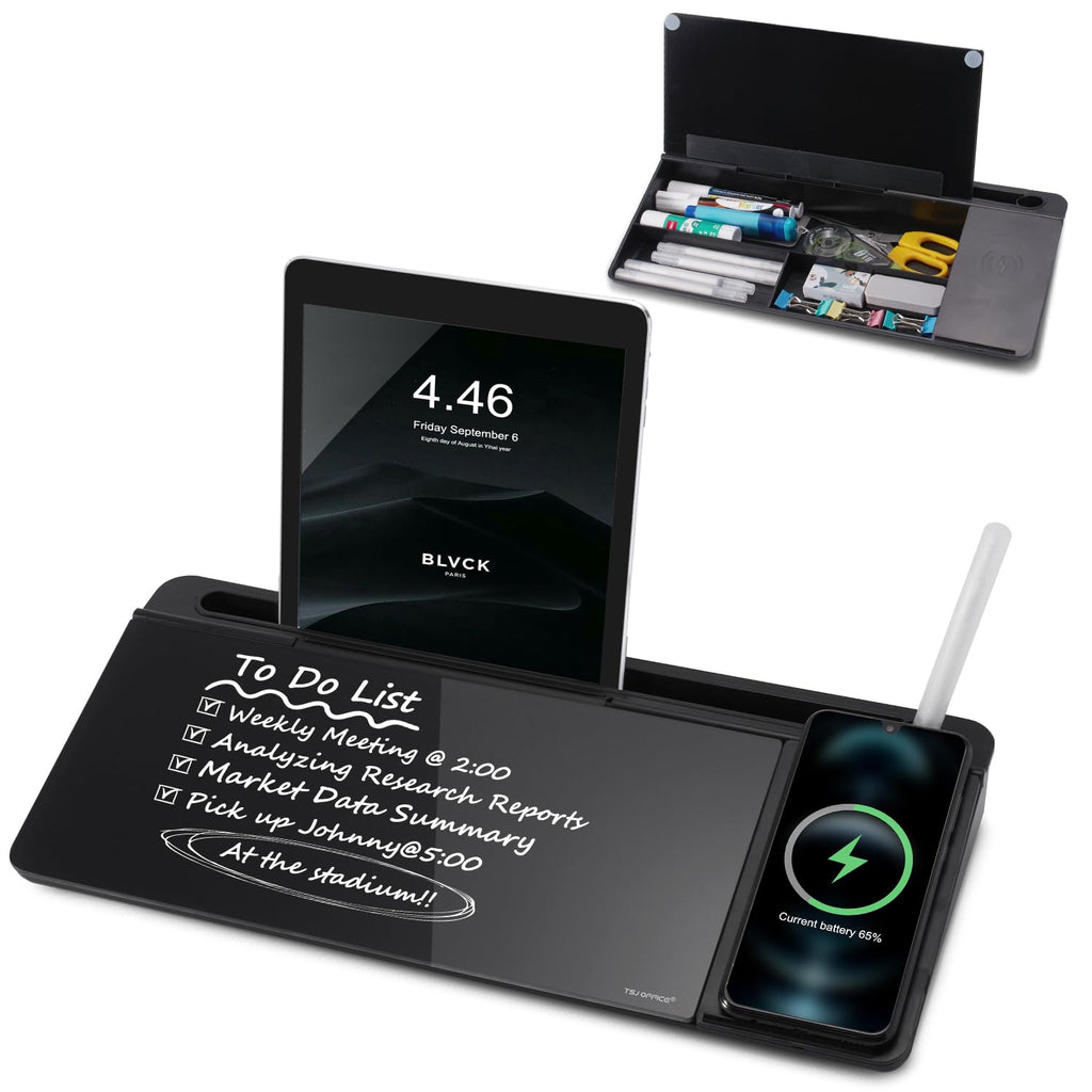 Small Glass Desktop Whiteboard Dry-Erase-Board - Computer Keyboard Stand with Wireless Charger White Board Surface Pad with Drawer, Desk Organizers with Accessories for Office, Home, School Supplies