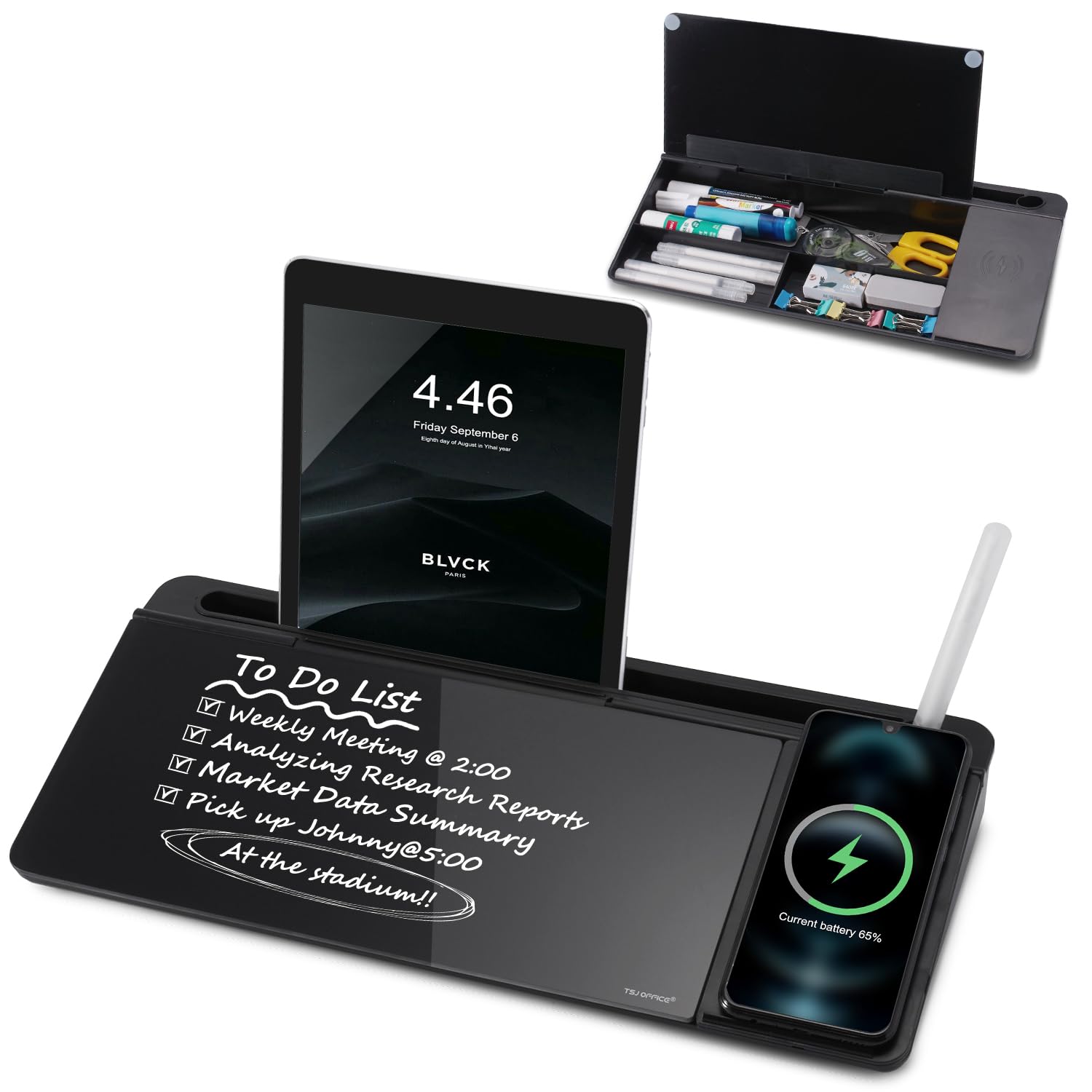 Small Glass Desktop Whiteboard Dry-Erase-Board - Computer Keyboard Stand with Wireless Charger White Board Surface Pad with Drawer, Desk Organizers with Accessories for Office, Home, School Supplies