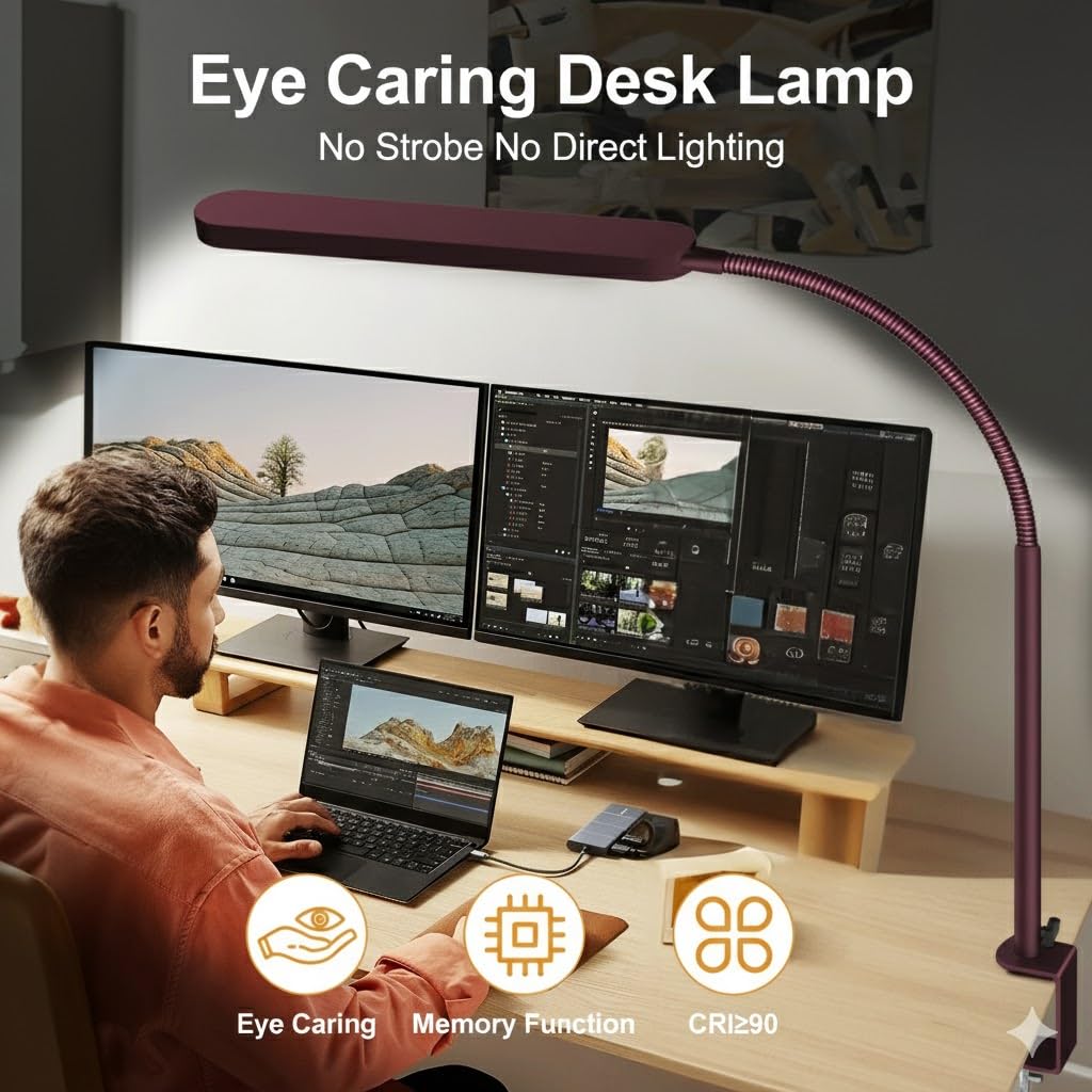 LED Desk Lamp - Desk Light for Office - Flexible Gooseneck - 5 Color Modes X 11 Brightness Levels - 1300LM - Timmer & Memory Function - 12W Clip on Light - Red
