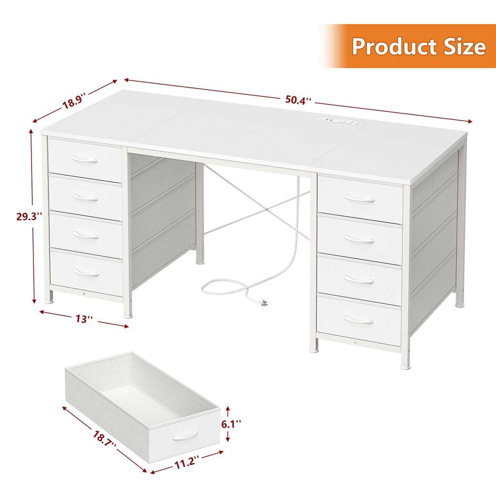 50 Inch White Computer Desk with 8 Drawers, Home Office Desk with Power Outlets, Work Study Gaming Desk with 8 Fabric Drawers, White
