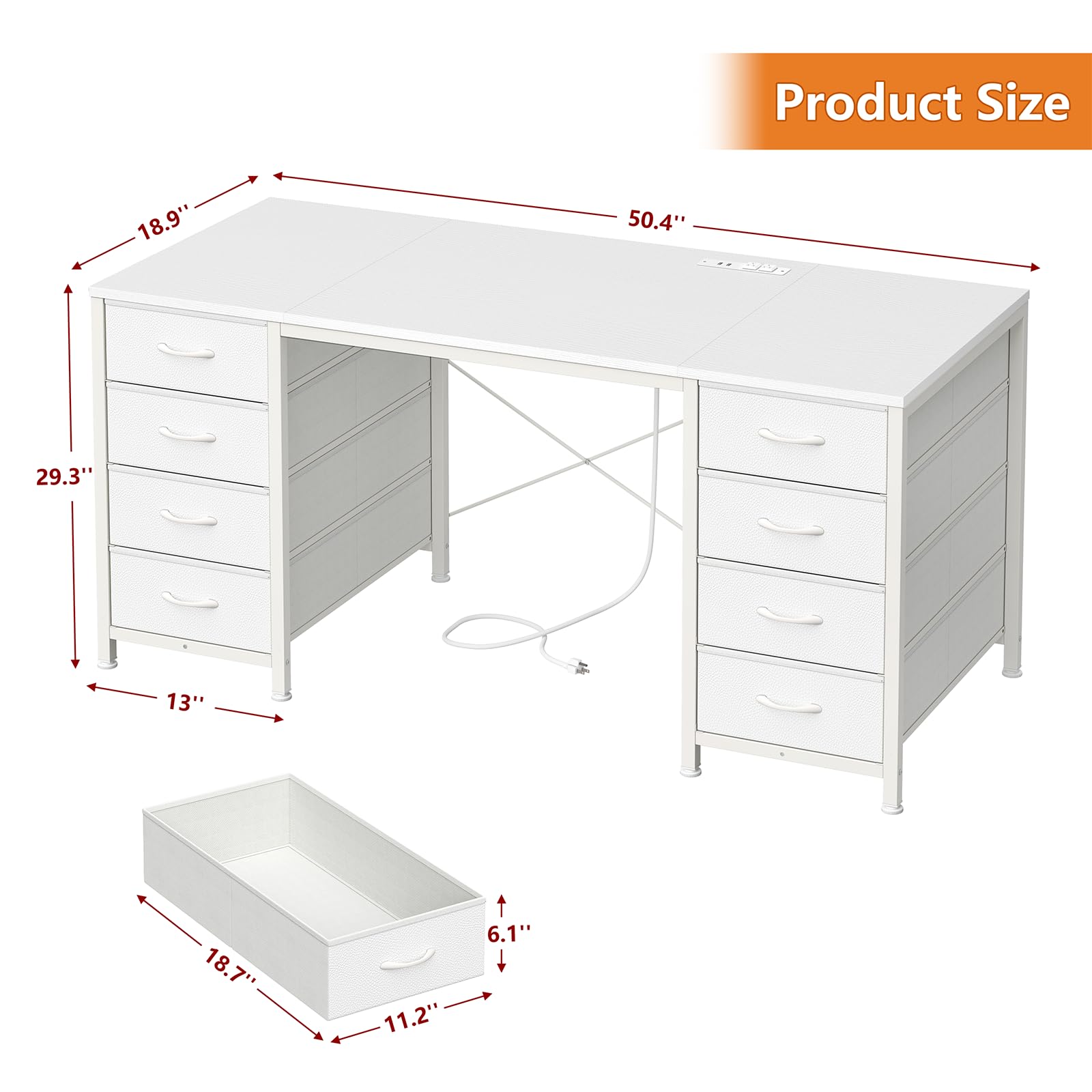 50 Inch White Computer Desk with 8 Drawers, Home Office Desk with Power Outlets, Work Study Gaming Desk with 8 Fabric Drawers, White