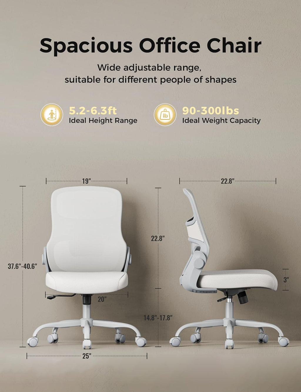 Office Chair, Mesh Ergonomic Desk Chairs, Lumbar Support, Adjustable Height, Armless, Swivel Function and Smooth-Rolling Wheels for Home, Office and Gaming (Gray)