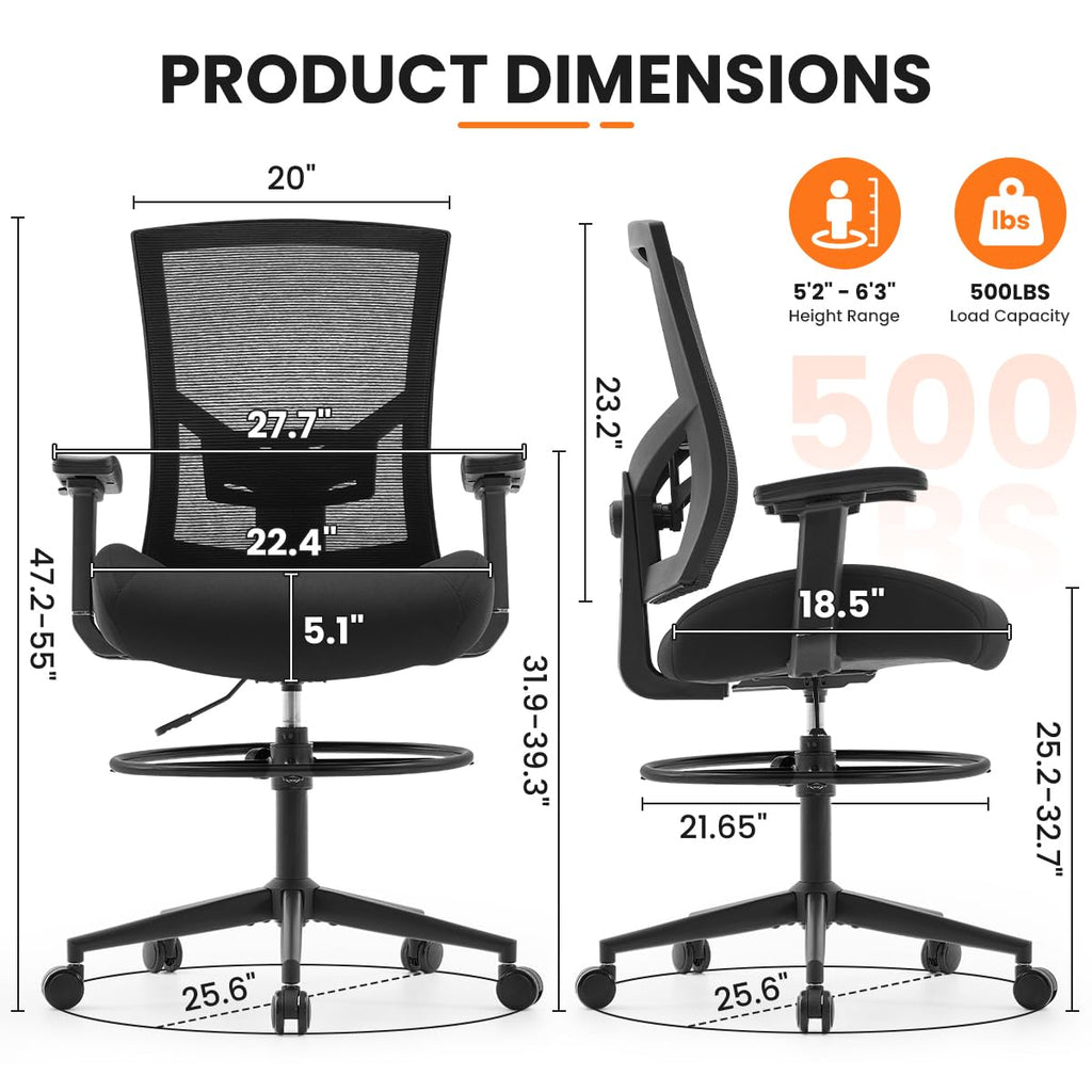 500lbs Drafting Chair,Big and Tall Office Chair for Standing Desk with Wide Seat,2D Adjustable Lumbar Support,Ergonomic Office Chair with Footrest for Home,Drawing or Counter Height Use