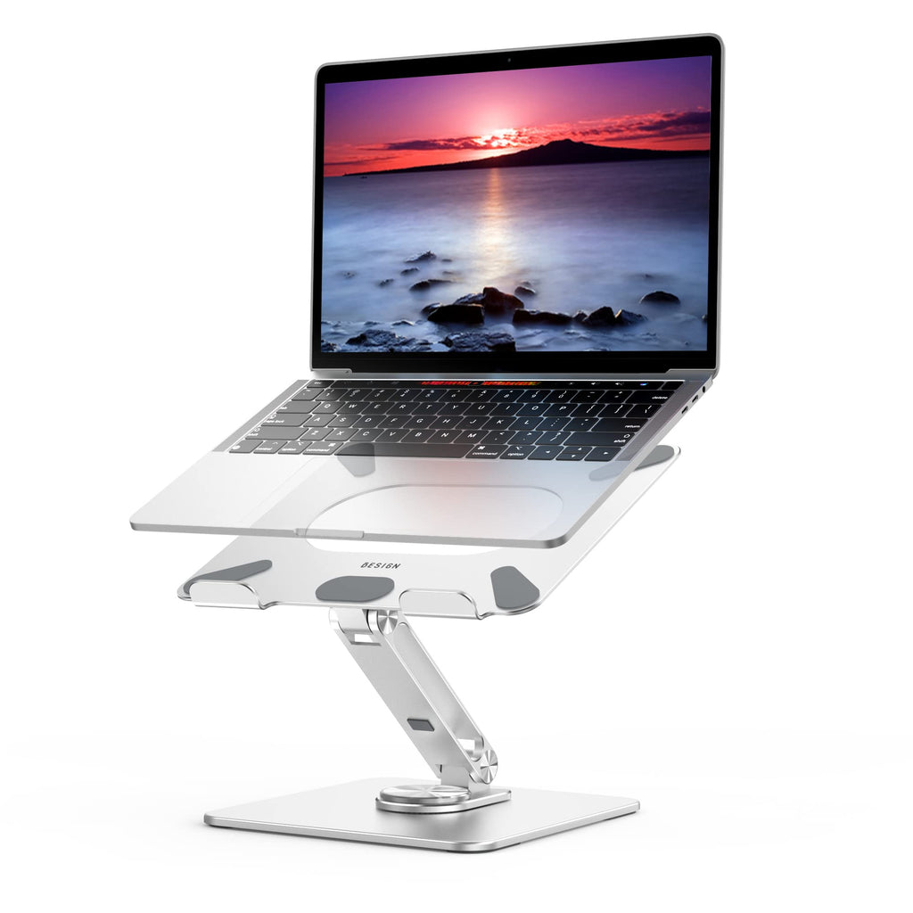 Laptop Stand with 360 Rotating Base, Ergonomic Adjustable Notebook Riser, Foldable Computer Holder Compatible with 10-15.6" Laptops (Silver)