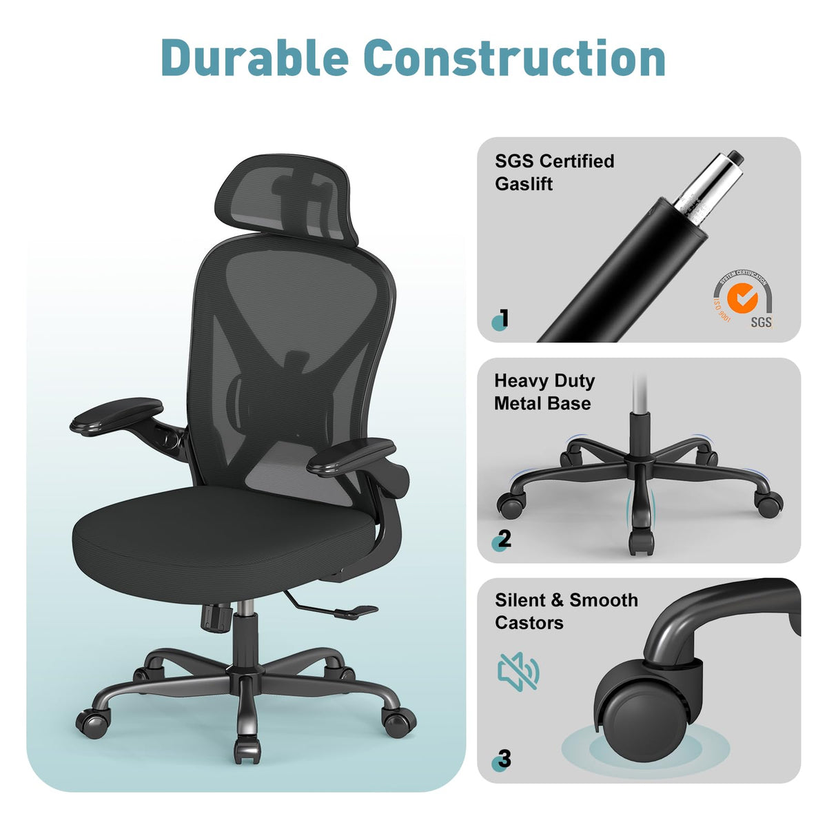 Ergonomic Office Chair Set of 6, with Adjustable Lumbar Support, Mesh Fabric Home Office Chair with Headrest, 360° Swivel and Flip-Up Armrests, Black