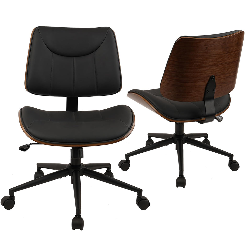 Office Chair Armless with Wheels, Mid-Century Modern Walnut Desk Chair, Adjustable Height Reading Chair, PU Leather Mid Back & Swivel Computer Chairs for Home Meeting Room Bedroom, Black(2 PK)