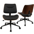 Office Chair Armless with Wheels, Mid-Century Modern Walnut Desk Chair, Adjustable Height Reading Chair, PU Leather Mid Back & Swivel Computer Chairs for Home Meeting Room Bedroom, Black(2 PK)