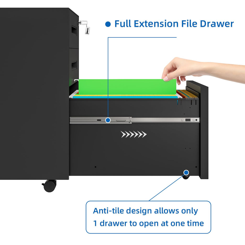 3 Drawer Metal Rolling File Cabinet Under Desk Filing Cabinet Black