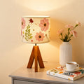 Dried Flowers Tripod Table Lamp 14.96in, 9W LED 3-Color Cute Bedside Lamp with Flowers Linen Lampshade for Nursery, Bedroom, Kid Room, Living Room, Light Brown Wooden Base