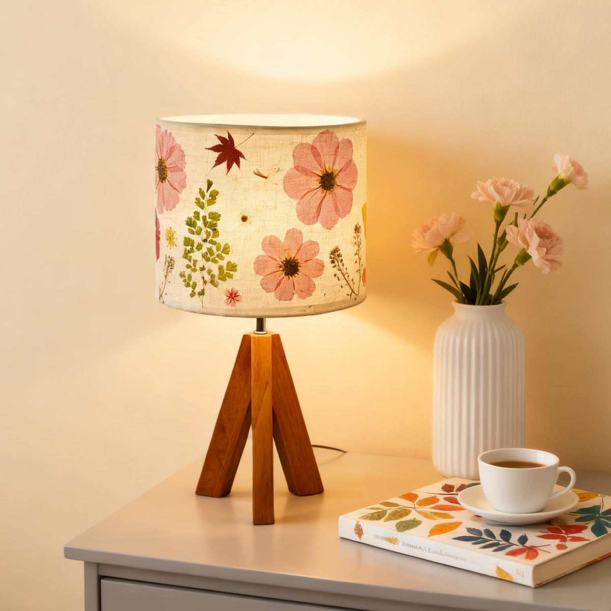 Dried Flowers Tripod Table Lamp 14.96in, 9W LED 3-Color Cute Bedside Lamp with Flowers Linen Lampshade for Nursery, Bedroom, Kid Room, Living Room, Light Brown Wooden Base