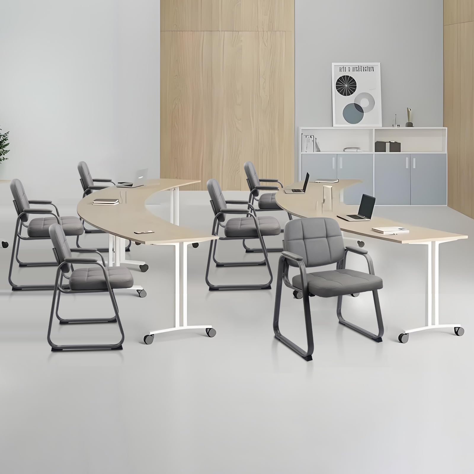 2 Pack, Waiting Room Guest Chair with Bonded Leather Padded Arm Rest for Office Reception and Conference Desk Black with Sled Base Grey