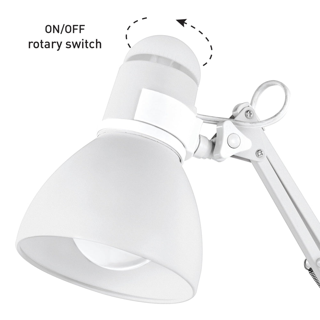 28" Swing Arm Architect Desk Lamp, Matte White, Rotary Switch on Shade, Partially Adjustable Arm, Modern Lighting for Bedroom or Office, Timeless, Indoor Lights