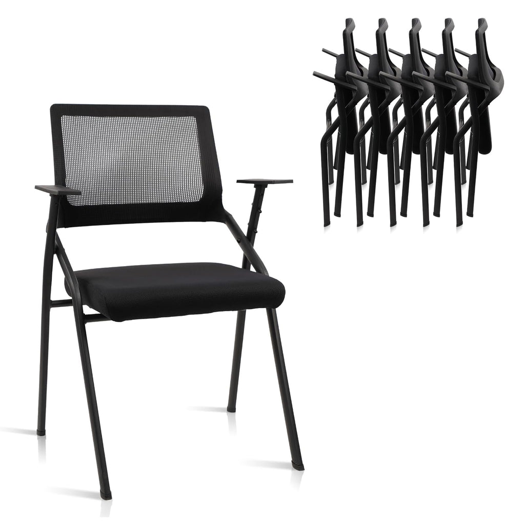 (6pk) Stackable & Foldable Office Chairs with Ergonomic Lumbar Support and Thickened Seat Cushion, Folding Mesh Fabric Reception Guest Chair for School Church Lobby Conference Room, Black
