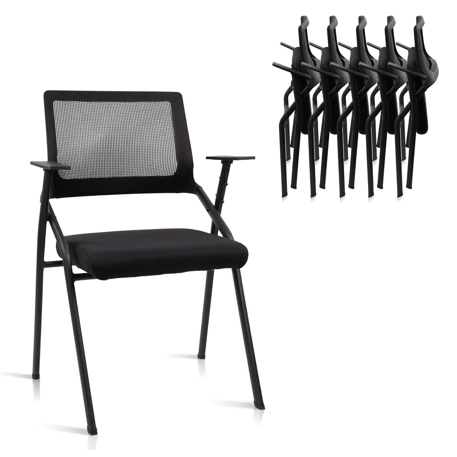 (6pk) Stackable & Foldable Office Chairs with Ergonomic Lumbar Support and Thickened Seat Cushion, Folding Mesh Fabric Reception Guest Chair for School Church Lobby Conference Room, Black