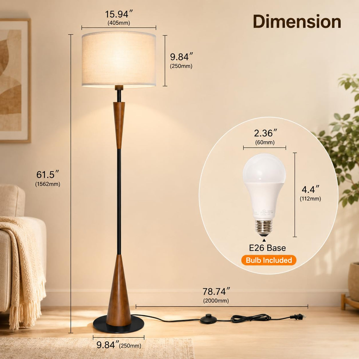 Floor Lamps for Living Room,61.5" Wood Floor Lamp,Retro Farmhouse Standing Lamp Includes 9W Bulb with 3-Color Temperature,Tall Lamp for Bedroom,Dining Room,Living Room,Corner,Brown