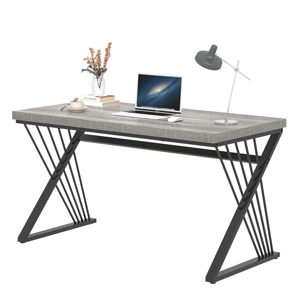 Modern Desks, Rustic Wood and Metal Computer Desk for Home Office, Simple Study Writing Work PC Table for Bedroom Living Room, Light Grey, 47 Inch