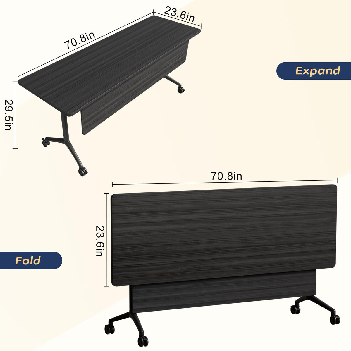 Folding Conference Table with Wheels, Flip-Top, 70.8in, 8 Pack, Ebony