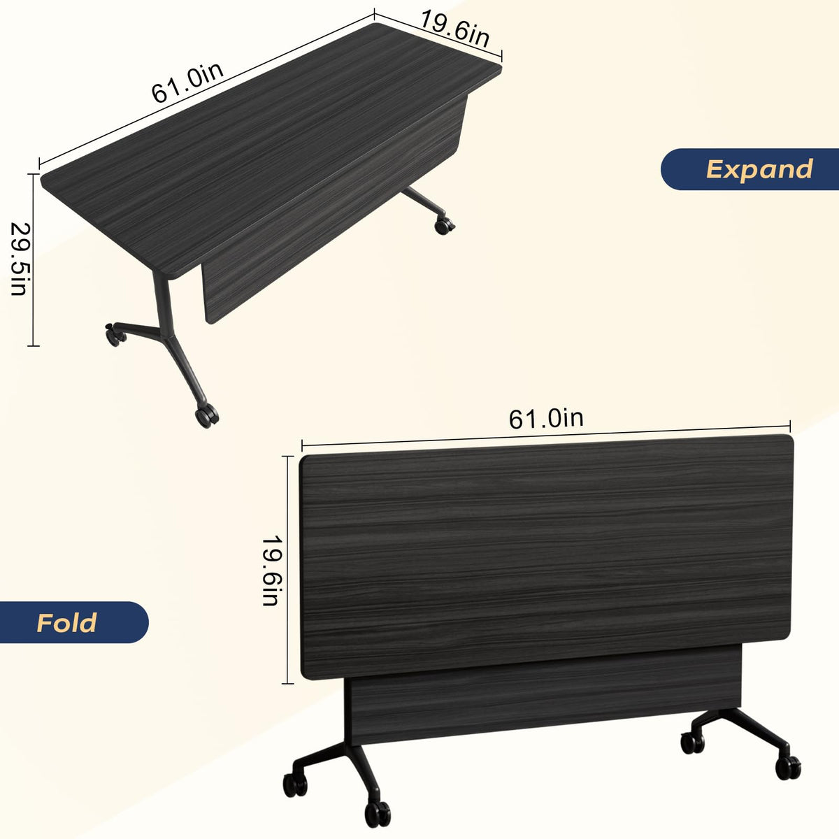 Folding Conference Table with Wheels, Flip-Top, 61in, 4 Pack, Ebony