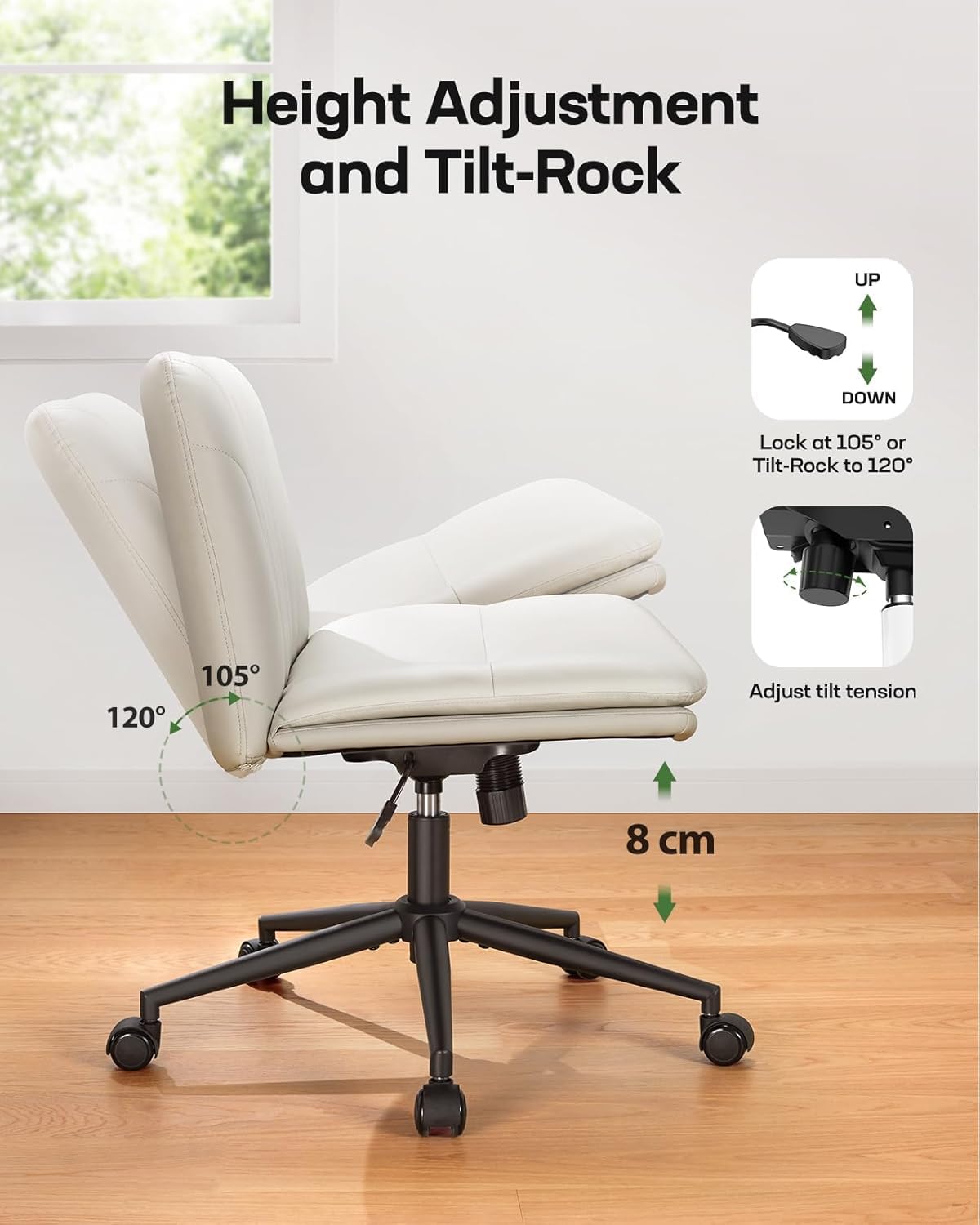 Armless-Office Desk Chair with Wheels: PU Leather Cross Legged Wide Chair,Comfortable Adjustable Swivel Task Chairs for Home,Office,Make Up,Small Space,Bed Room(Light Beige)
