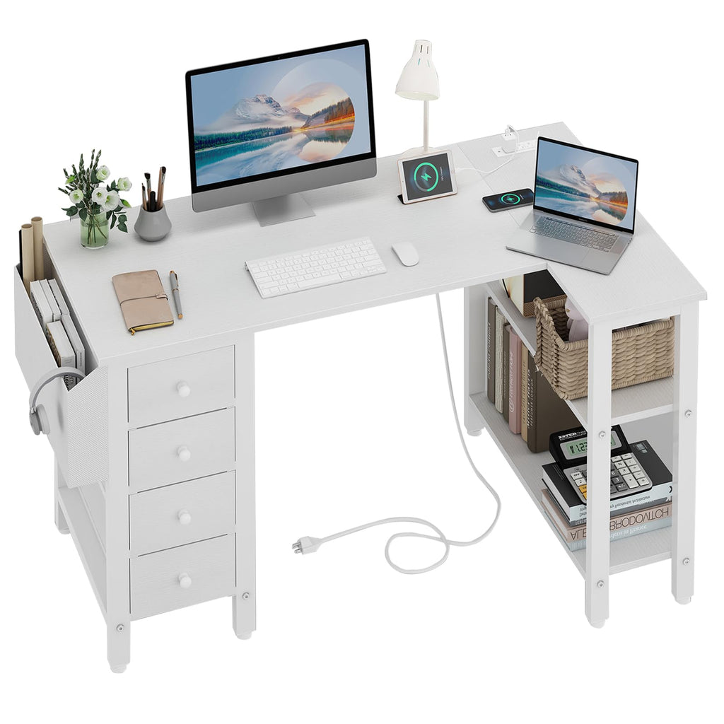 White L Shaped Computer Desk with Drawers & Storage Shelves, 47 Inch Corner Reversible Desk with Power Outlet for Home Office Bedroom, L-Shaped Teen PC Desks with Fabric Drawer, White
