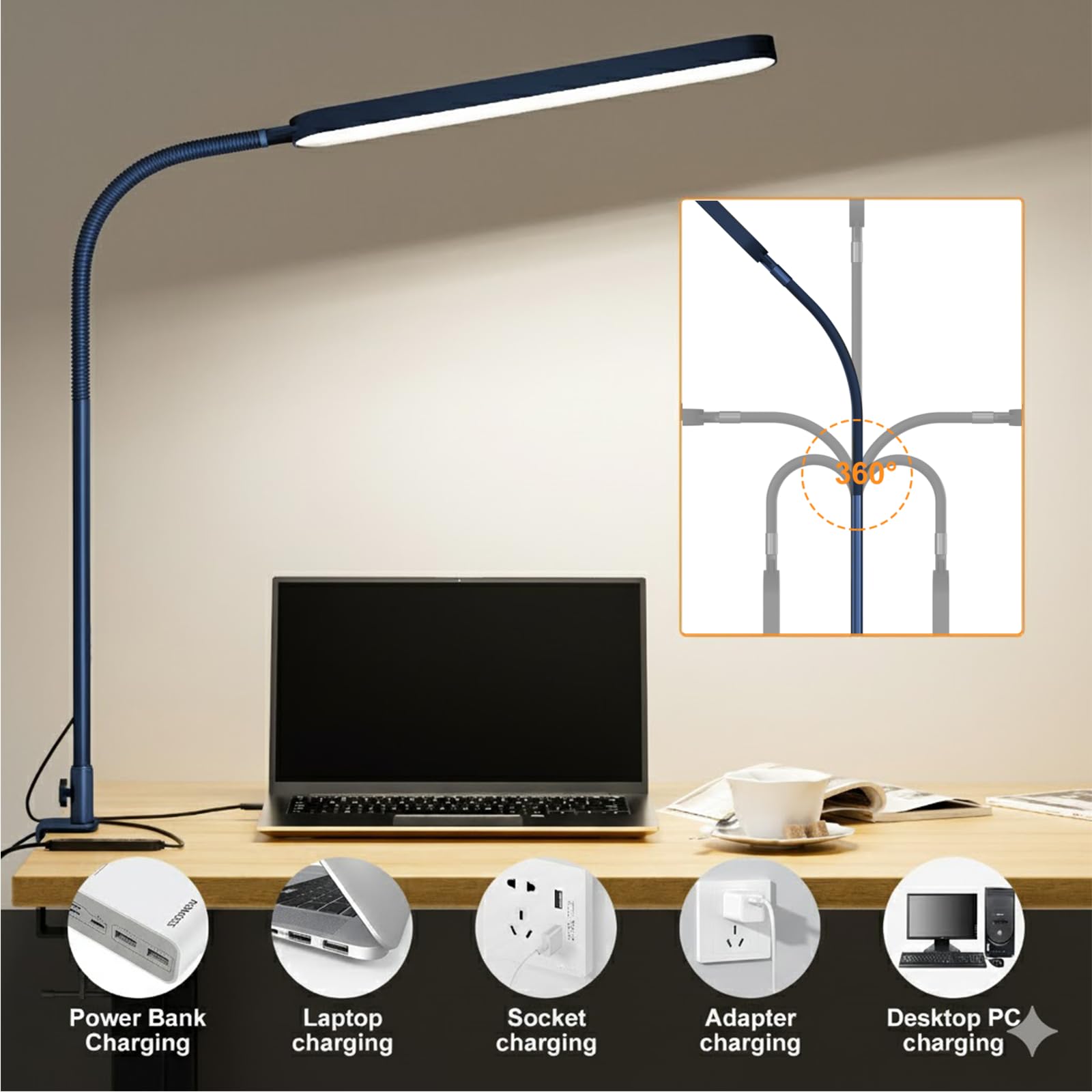LED Desk Lamp - Desk Light for Office - Flexible Gooseneck - 5 Color Modes X 11 Brightness Levels - 1300LM - Timmer & Memory Function - 12W Clip on Light - Blue