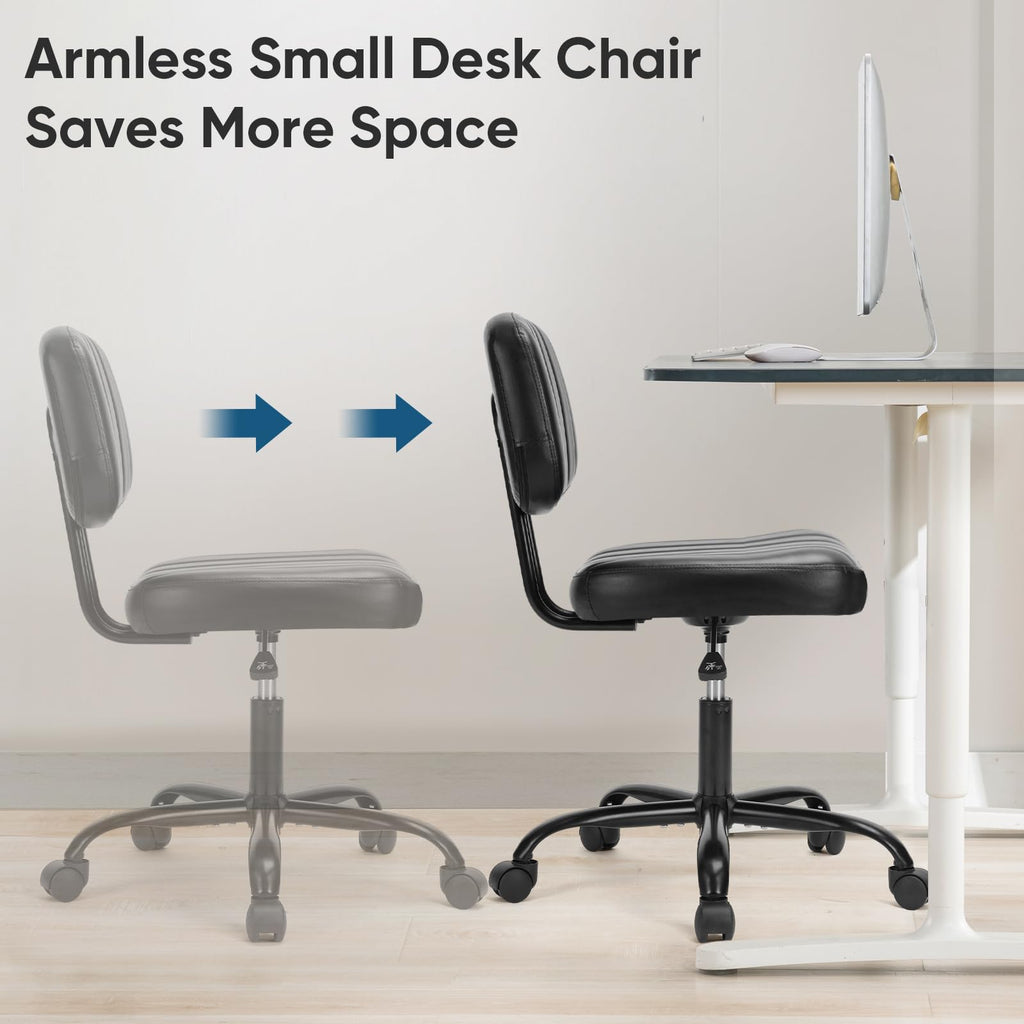 Small Armless Desk Chair with Low Back Lumbar Support, Height Adjustable PU Leather Computer Task Chair with 360° Swivel Wheels, for Small Space, Adults, New Black