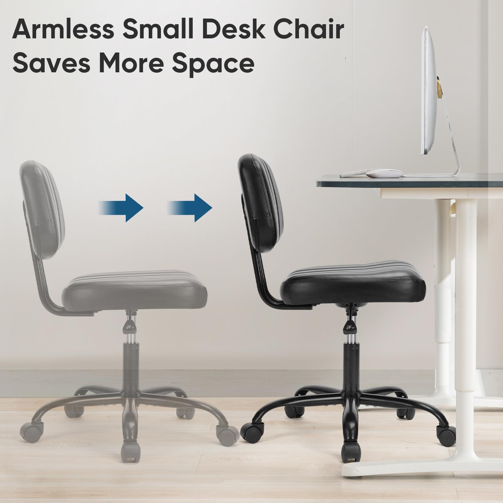 Small Armless Desk Chair with Low Back Lumbar Support, Height Adjustable PU Leather Computer Task Chair with 360° Swivel Wheels, for Small Space, Adults, New Black