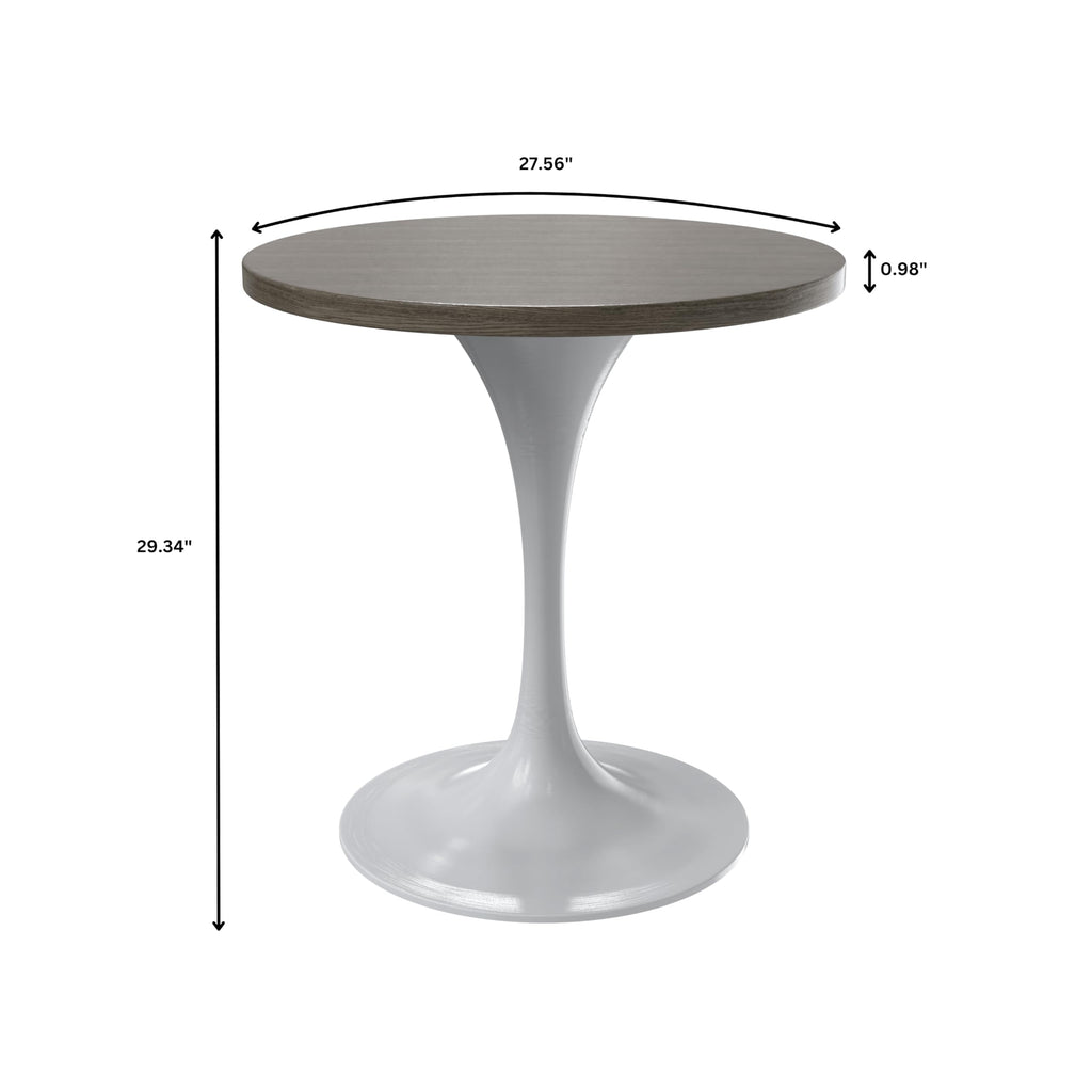 LeisureMod Verve Mid-Century Modern 27 Inch Round Dining Table, MDF Wood Tabletop with White Steel Pedestal Base, Contemporary Kitchen & Dining Room Table, Small Space Breakfast Table, Dark Maple