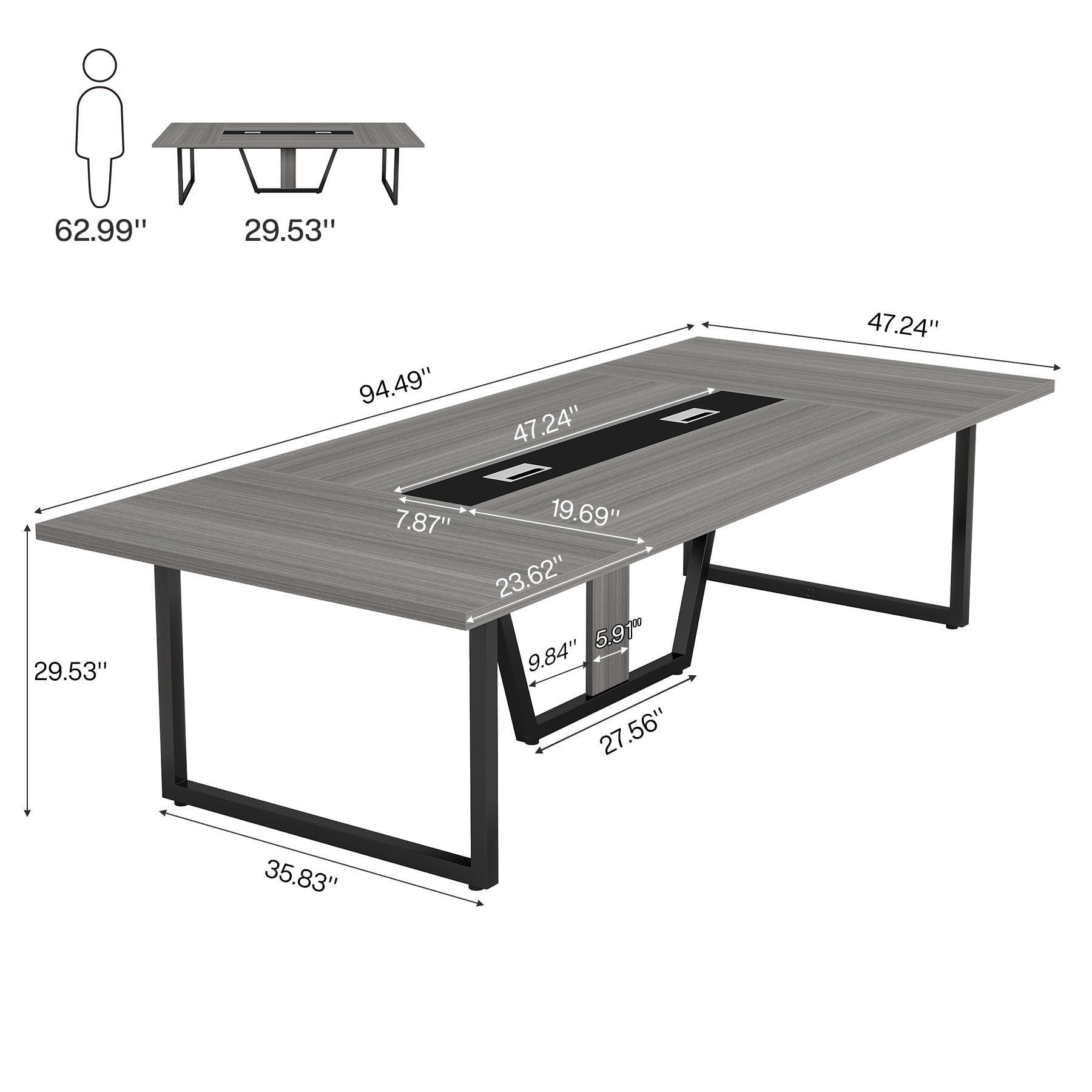 8FT Conference Table, 94.49 L x 47.24 W x 29.53 H Inches Large Meeting Podcast Table for 10 People, Business Style Wooden Training Table with Strong Metal Frame for Office Conference