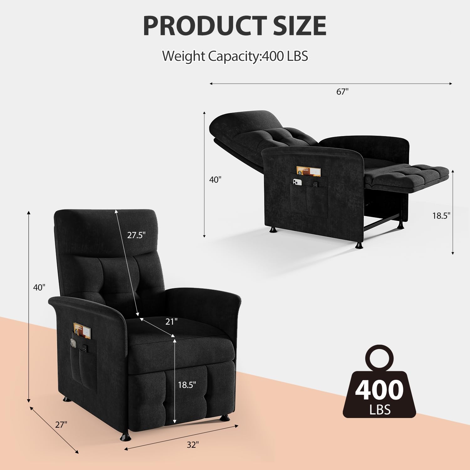 Power Recliner Chair for Adults with Heat & Massage - Soft Fabric Electric Reclining Sofa with Remote Control, 3 Side Pockets, 180° Lay Sleeper for Home Theater Living Room, Black