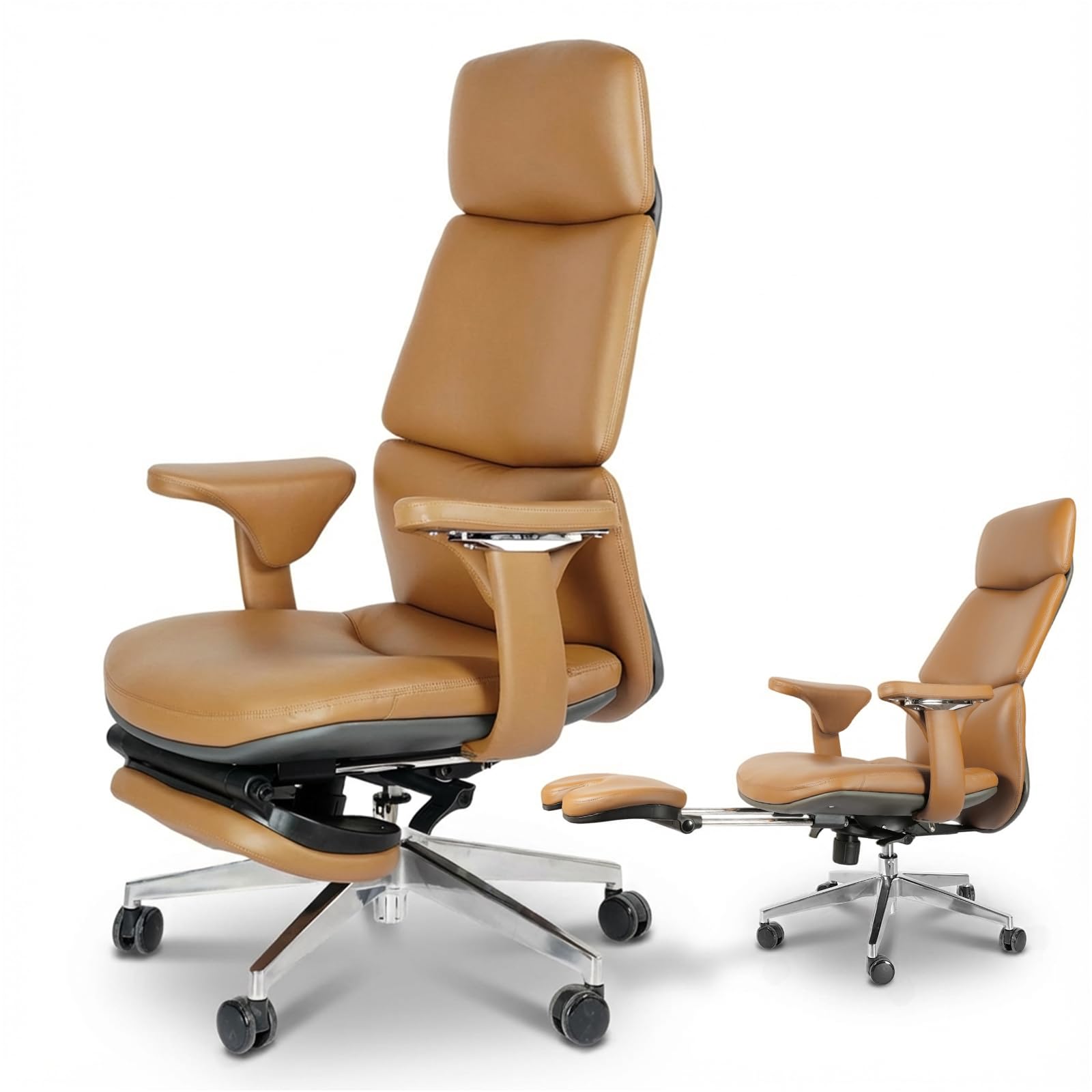 Genuine Leather Office Chair with Flexible Footrest, High Back Executive Office Chair with Lumbar Support, Adjustable Tilt Mechanism, Weight Capacity 400 lbs (Brown)