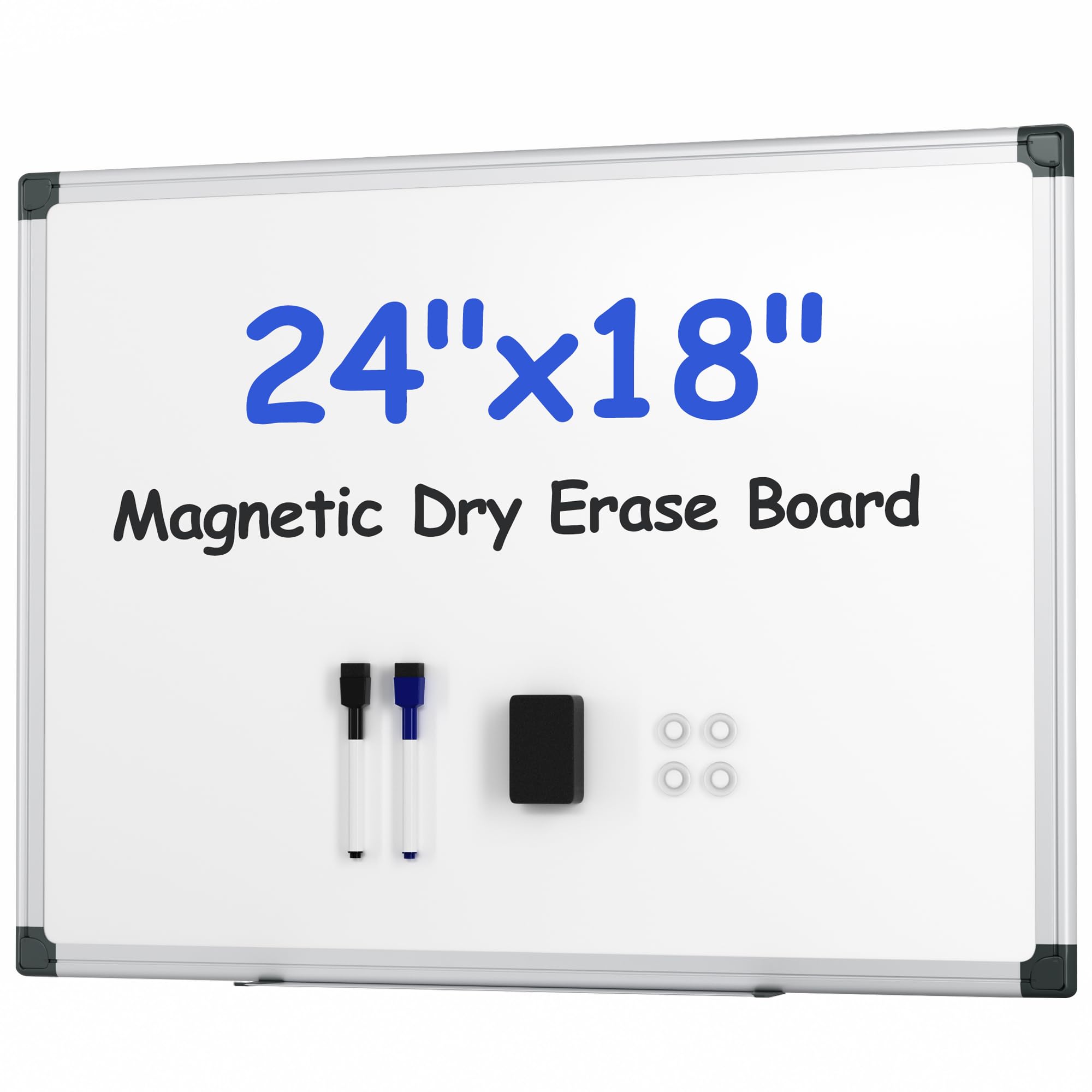 White Board Kit for Wall 24" x 18", 1 Dry Eraser & 2 Multicolor Markers & 4 Magnetic Pins, Sliver Reinforced Aluminum Frame for Home, School, Office